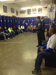 Having current and former players talk to the incoming freshmen is part of recruit night. Here is a First Team All State Linebacker speaking to the group.