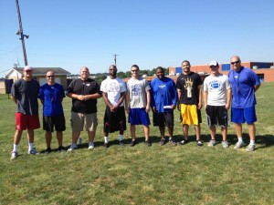 Great picture from a summer practice in 2013. From left to right, Neal Pawsat (record setting QB from Georgetown) Chris Ullery (DC), Jordan Johnson (new head coach at Louisville Waggener), Harry Lewis (First Team All-Stater), Seth Faulkner (All American/National Champion - Georgetown), Jonathan Thomas (new head coach), Chris Lofton (leading 3-point shooter in SEC history, First team all state football) Dean Ravencraft (starter on first region championship team), myself. I coached all of these athletes at Mason County except for Coach Ullery, and we have coached together for 16 years!  He is also a Mason grad.